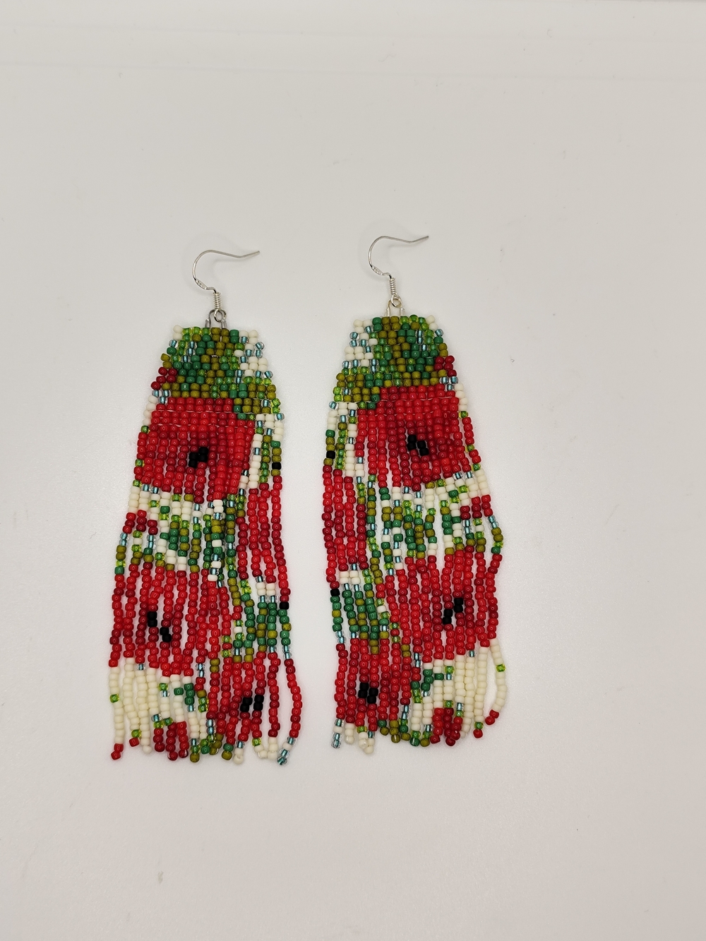 Red Floral Seed Bead Fringe Earrings with Green Accents